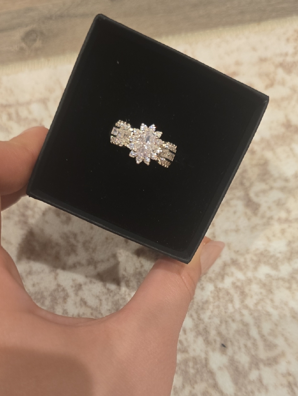 Silver-Tone Clear Crystal Floral Engagement Ring - Unbranded